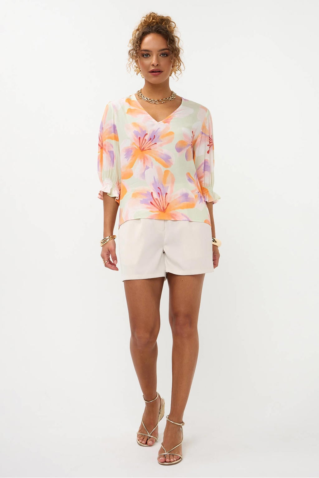 Multikleurige dames Ydence gebloemde blousetop van viscose met half lange mouwen en V-hals