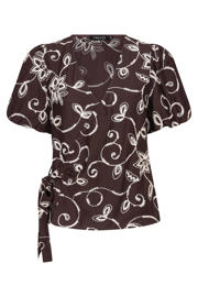 thumbnail: Donkerbruin en ecru dames Ydence gebloemde overslagtop van rayon met korte mouwen, V-hals en borduursels