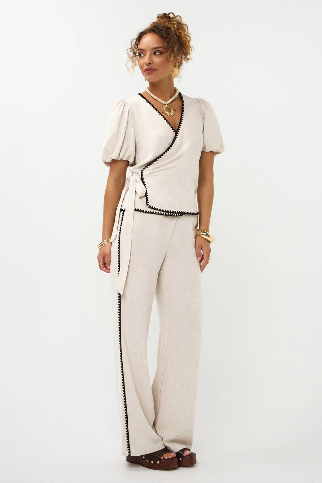 Ecru dames Ydence straight regular waist broek van katoen met rits- en knoopsluiting en effen