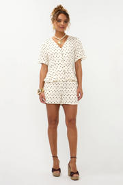 thumbnail: Ecru en donkerblauwe dames Ydence regular high waist casual short van rayon met rits- en knoopsluiting en stippenprint