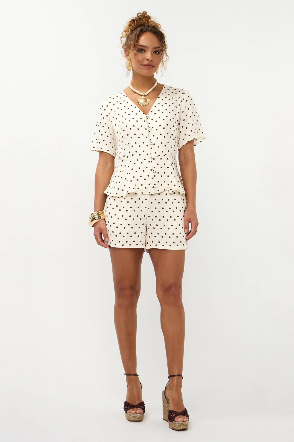 Ecru en donkerblauwe dames Ydence regular high waist casual short van rayon met rits- en knoopsluiting en stippenprint