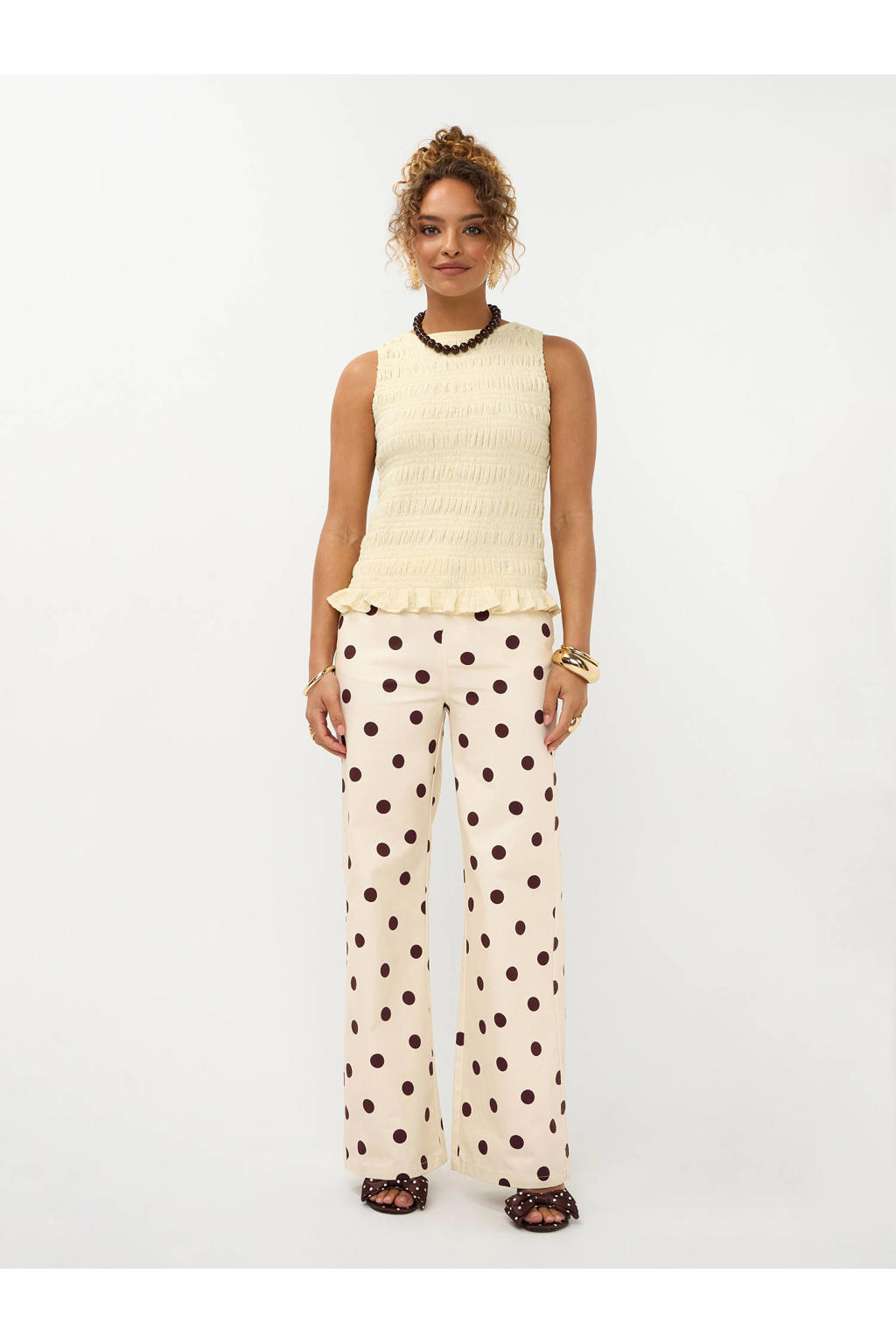 Lichtgele dames Ydence top van polyester met effen, ronde hals en smockwerk
