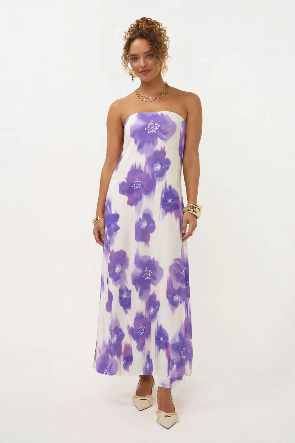 Paars en ecru dames Ydence gebloemde maxi jurk van rayon met off shoulder hals en ritssluiting