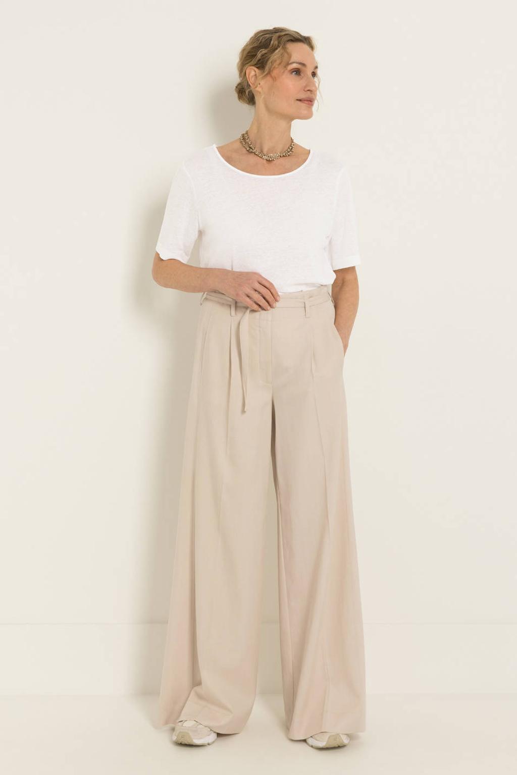 Beige dames Claudia Sträter wide leg fit broek van lyocell met high waist, rits, haak- en knoopsluiting en effen