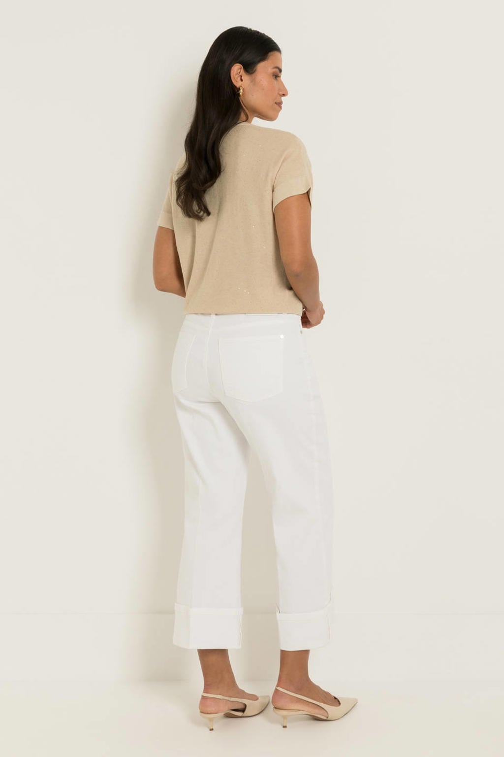 Beige dames Claudia Sträter gebreide trui van viscose met effen, lange mouwen en V-hals