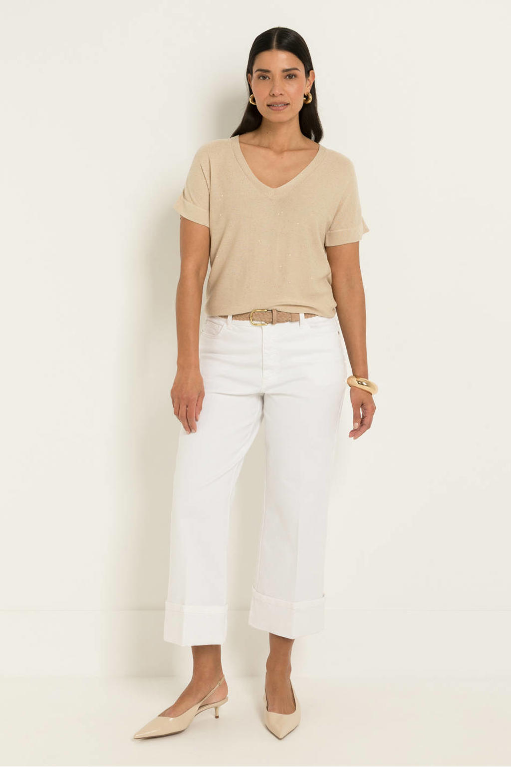 Witte dames Claudia Sträter wide leg jeans van denim met rits- en knoopsluiting en effen