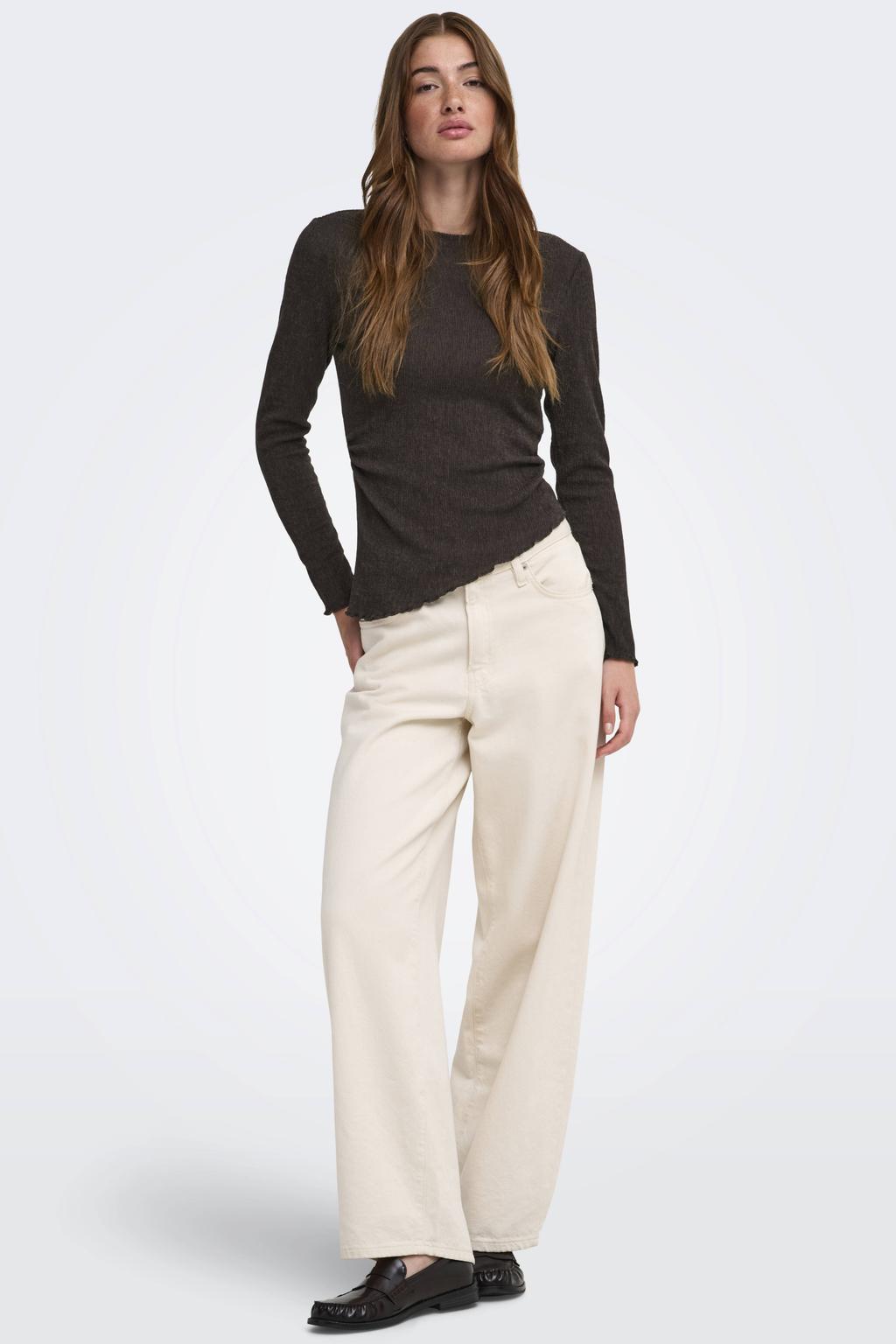 Bruine dames ONLY top van polyester met effen, lange mouwen en ronde hals