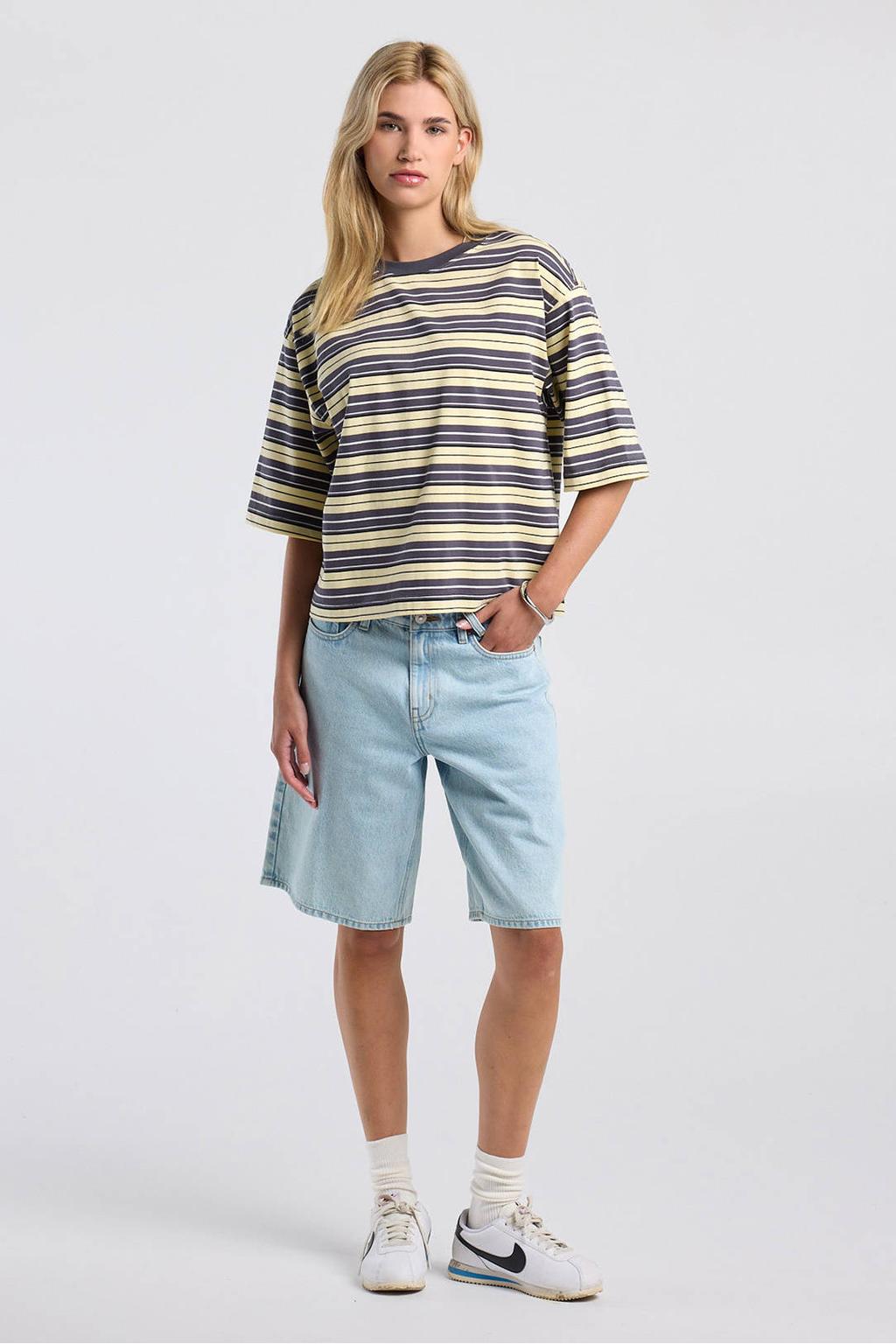 America Today gestreept T-shirt grijs/ lichtgeel
