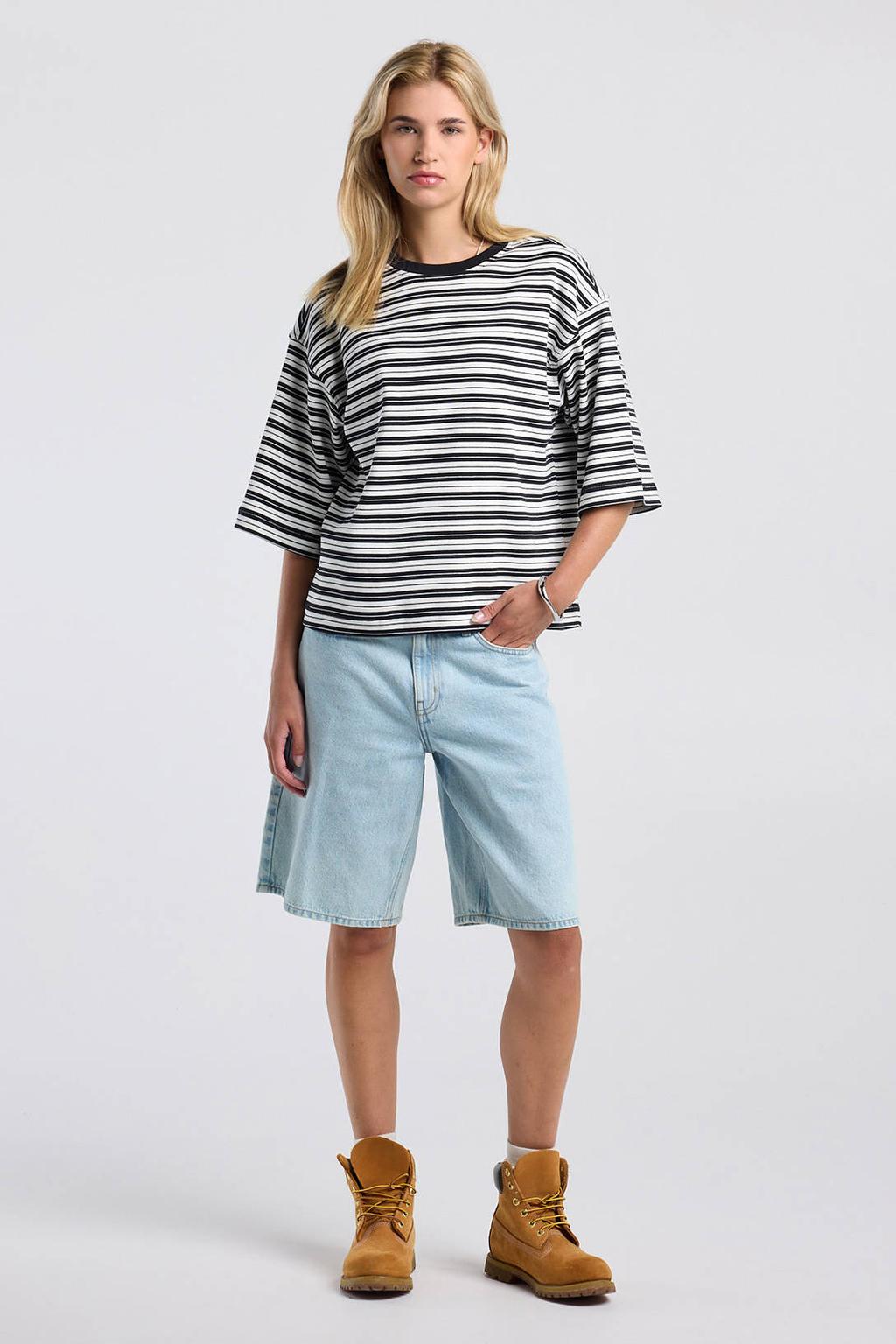 Zwart en witte dames America Today gestreept T-shirt van katoen met korte mouwen en ronde hals