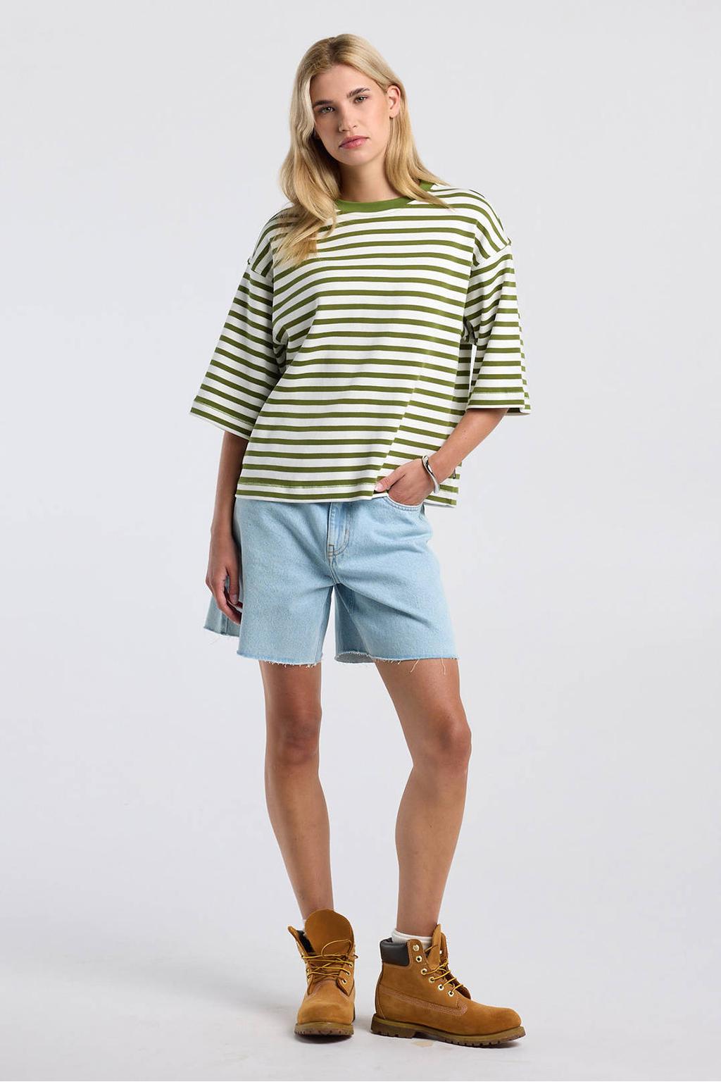 Groene dames America Today gestreept T-shirt van katoen met korte mouwen en ronde hals
