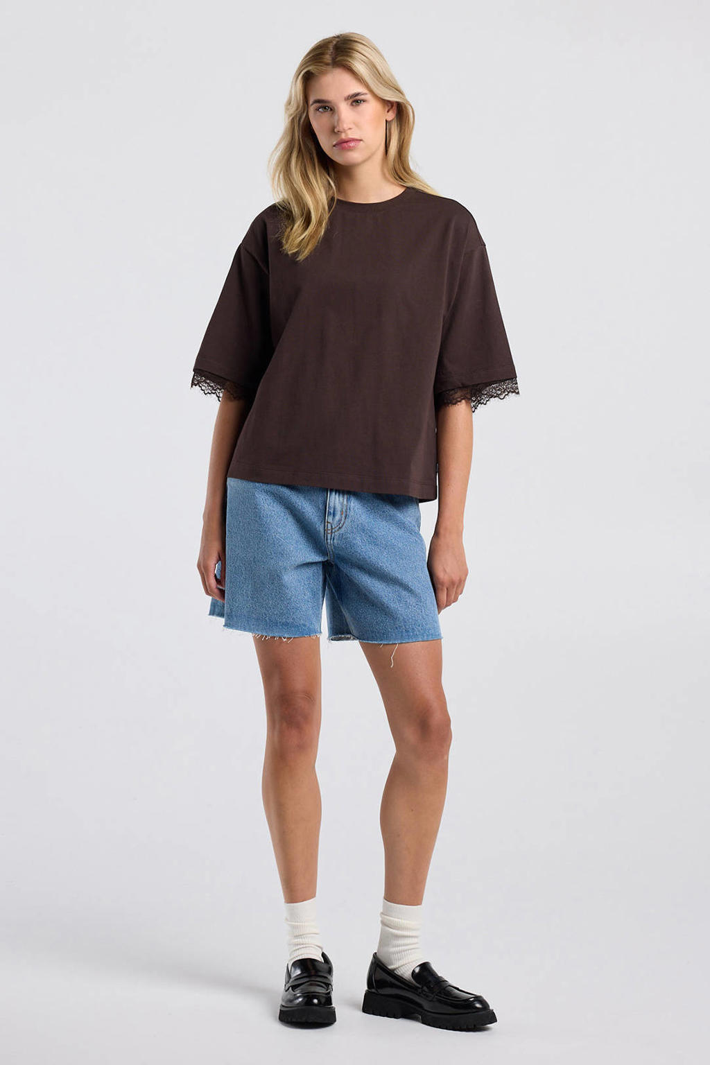 Bruine dames America Today T-shirt van katoen met effen, half lange mouwen, ronde hals en kant