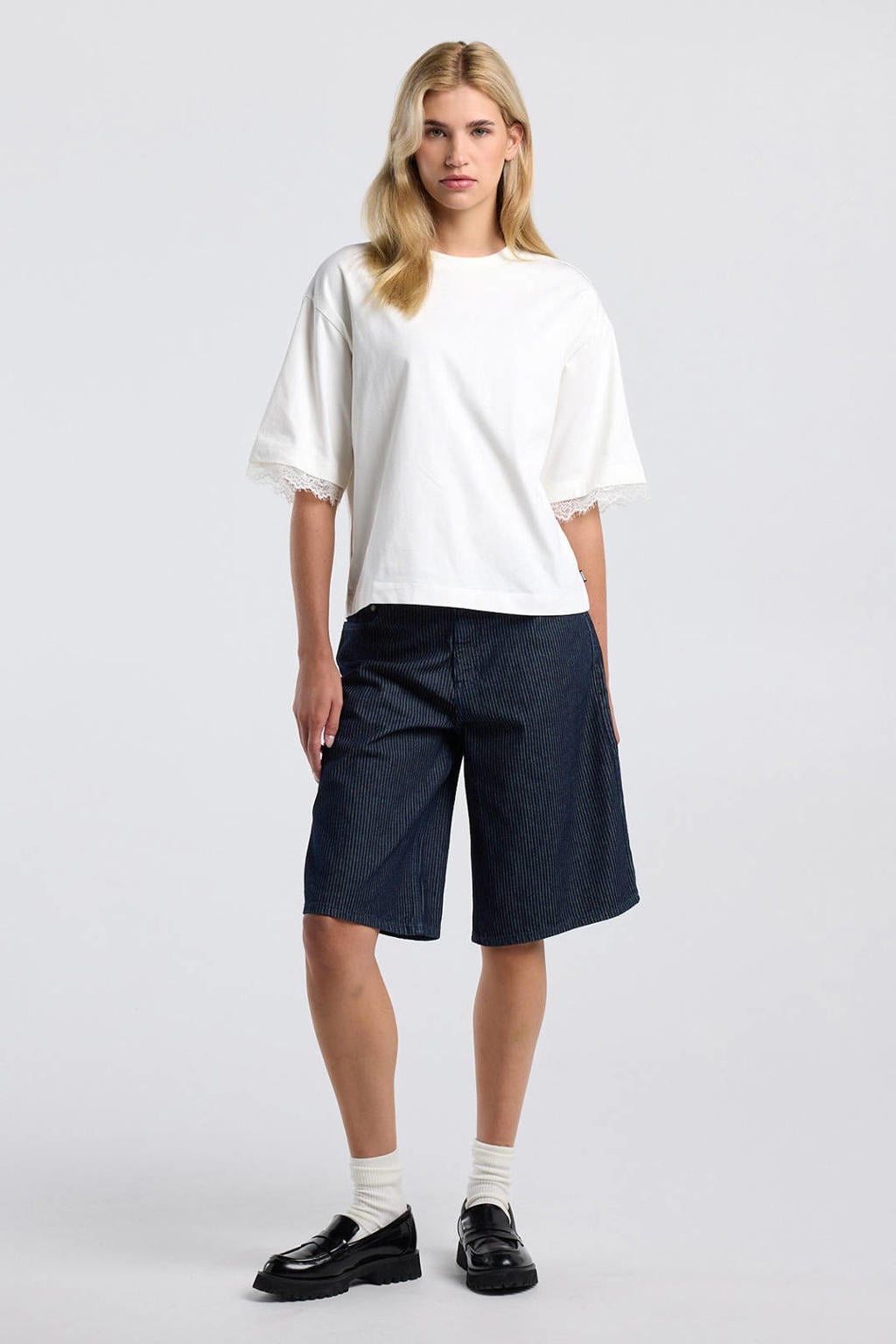Witte dames America Today T-shirt van katoen met effen, half lange mouwen, ronde hals en kant