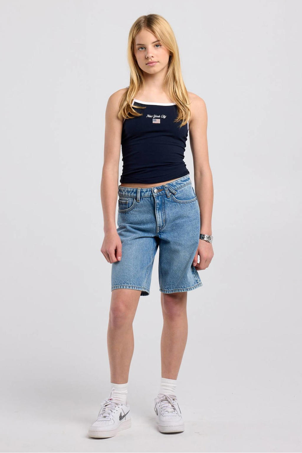 Donkerblauw en witte meisjes America Today tanktop van katoen met printopdruk, ronde hals en contrast bies