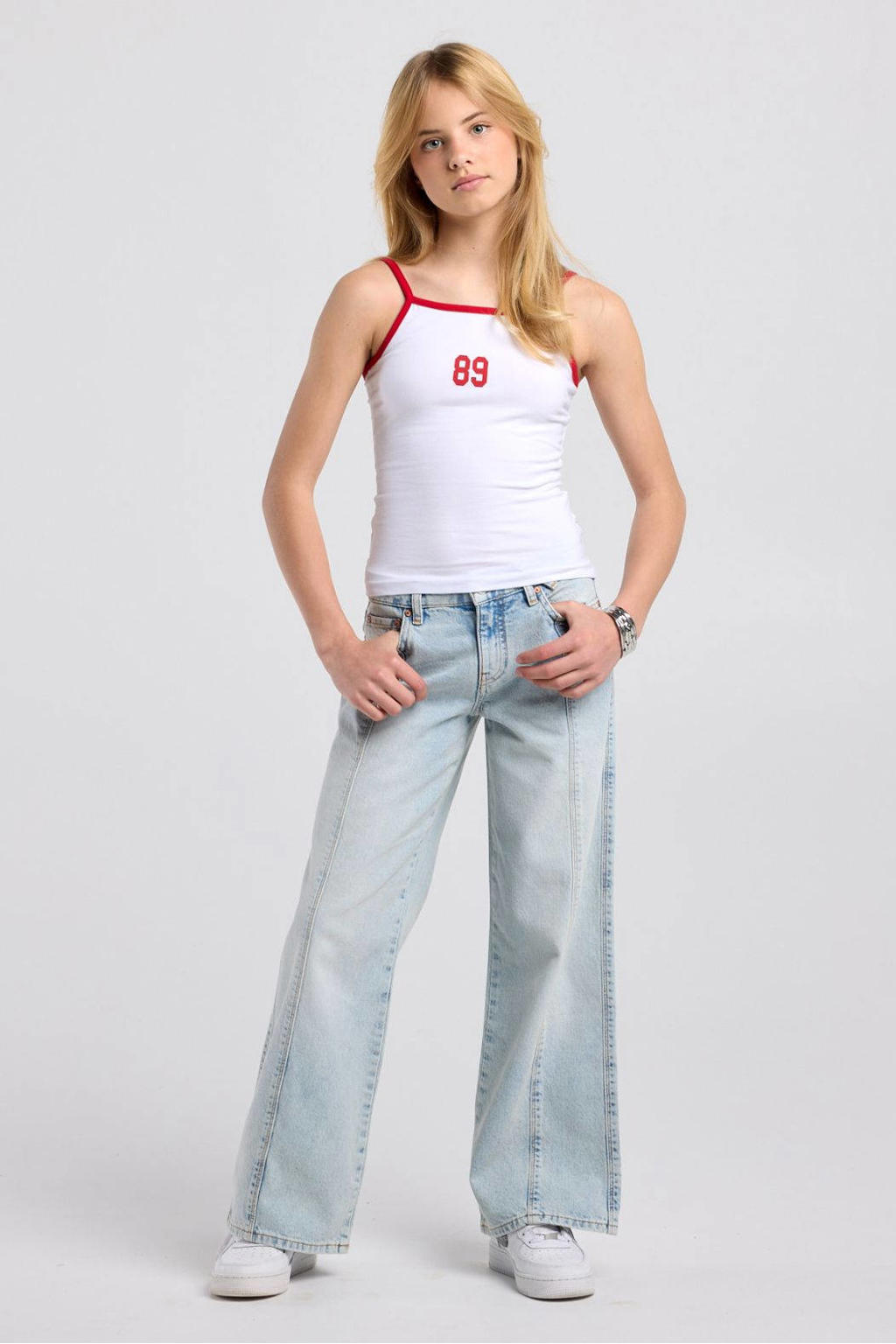Wit en rode meisjes America Today tanktop van katoen met printopdruk, ronde hals en contrast bies
