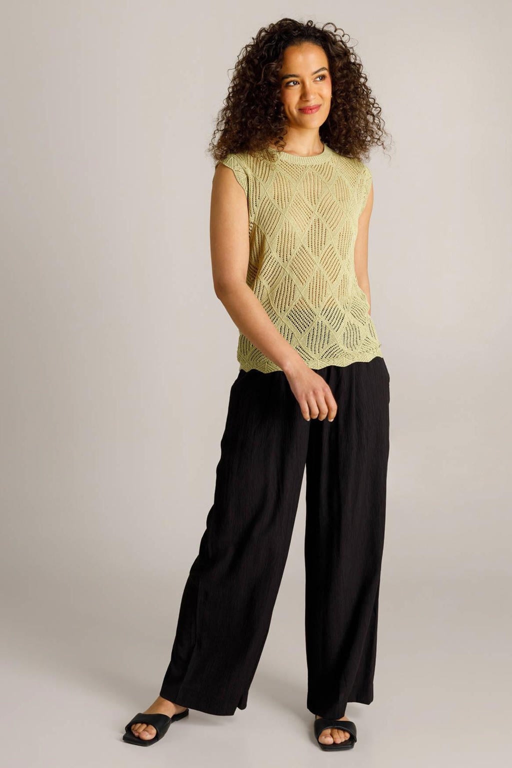 Lichtgroene dames Ivy Beau top patroon van acryl met effen en ronde hals