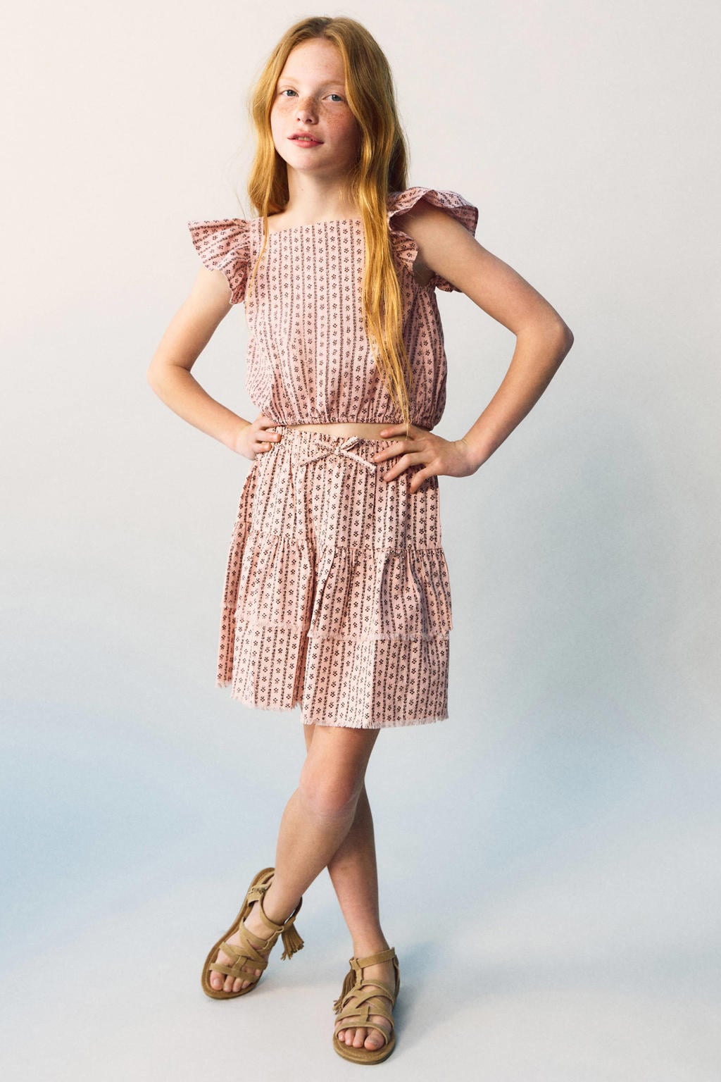 Roze meisjes Mango Kids cropped top met korte mouwen, vierkante hals en elastische boord