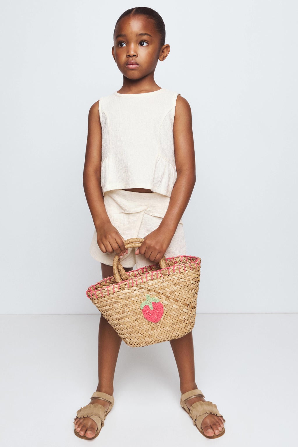 Ecru meisjes Mango Kids mouwloze top met effen, ronde hals en plooien