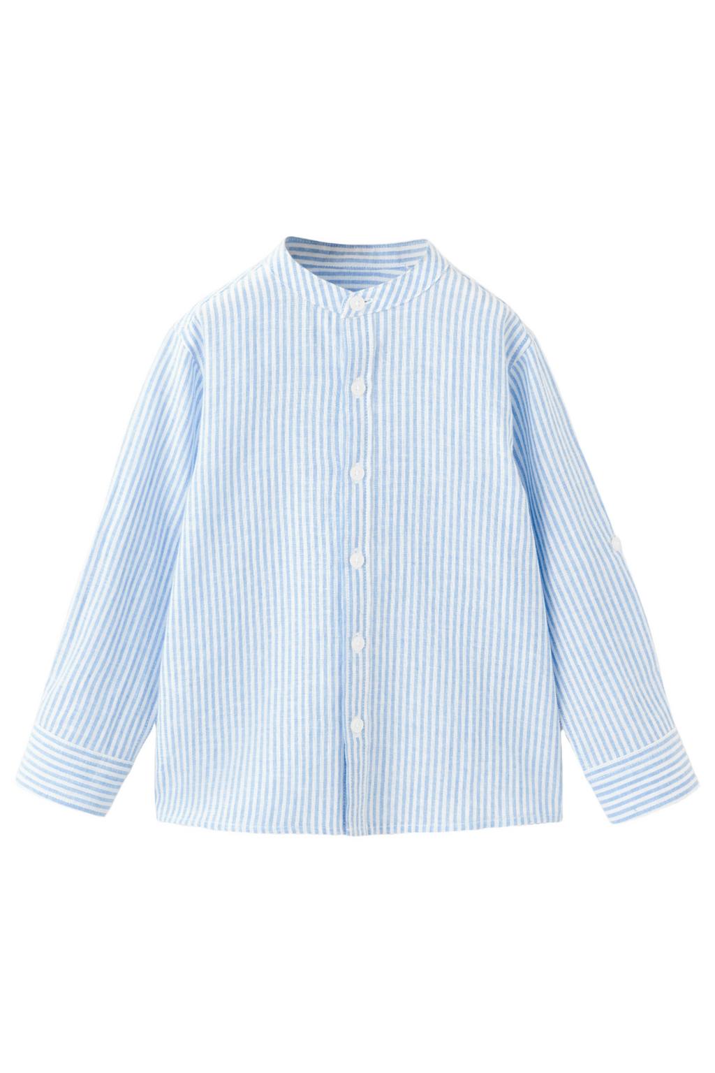 Lichtblauwe jongens Mango Kids gestreept casual overhemd van linnen met lange mouwen, ronde hals en knoopsluiting