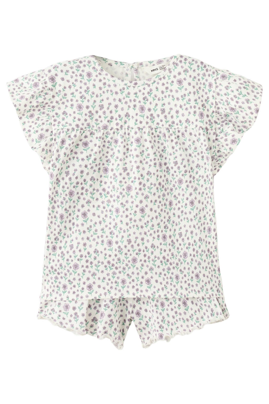 Mango Kids katoenen gebloemde shortama met ruches - ecru/paars