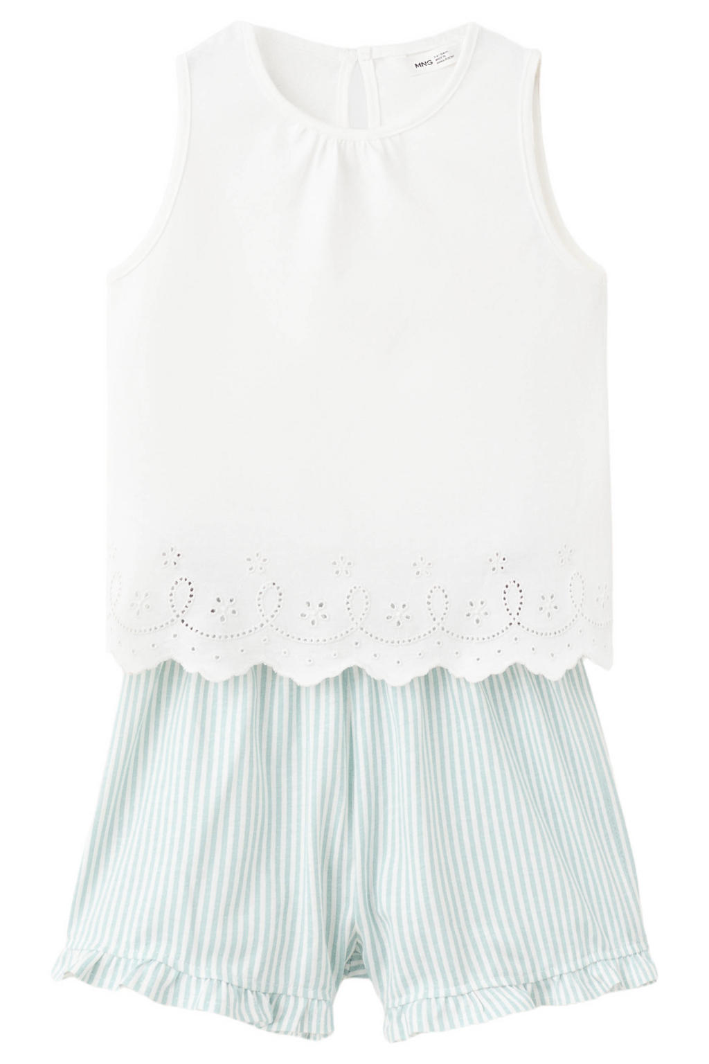 Mango Kids katoenen gestreepte shortama met ruches - wit/groen
