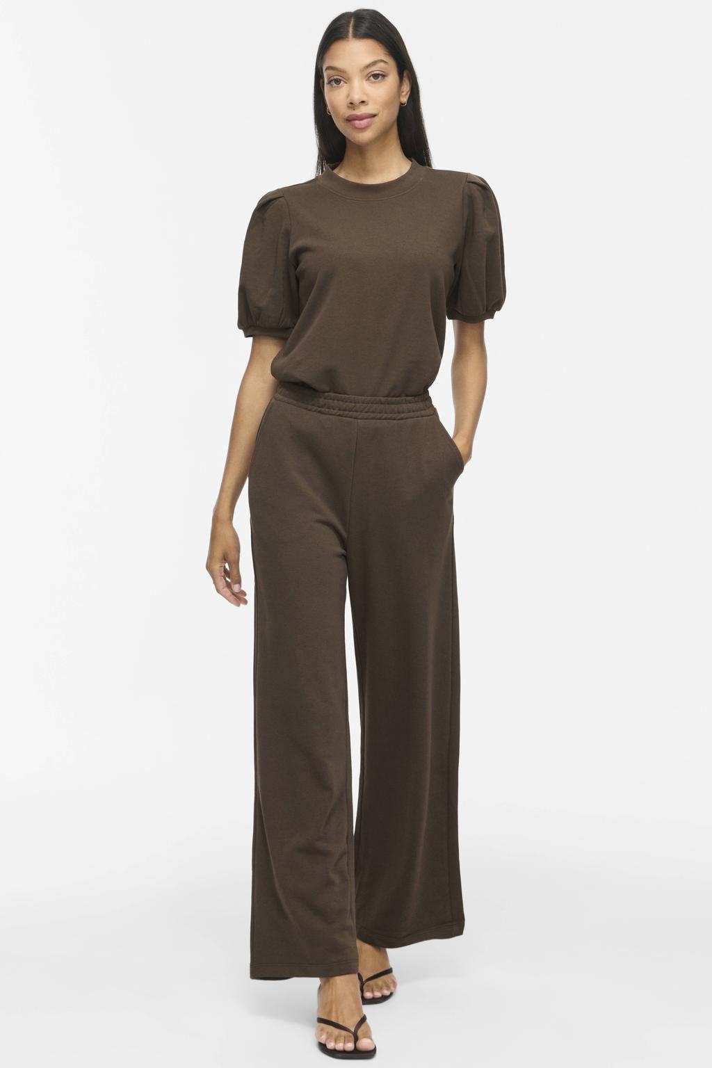 Donkerblauwe dames VILA wide leg casual broek van katoen met effen