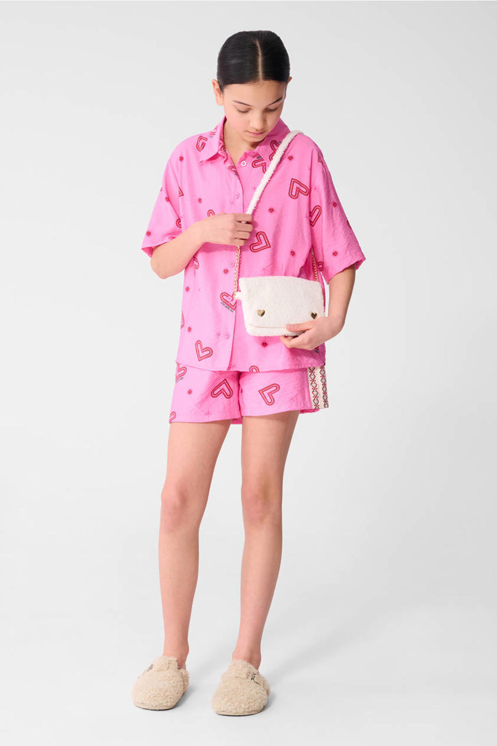 Roze en rode meisjes Shoeby blouse van viscose met korte mouwen, klassieke kraag en knoopsluiting