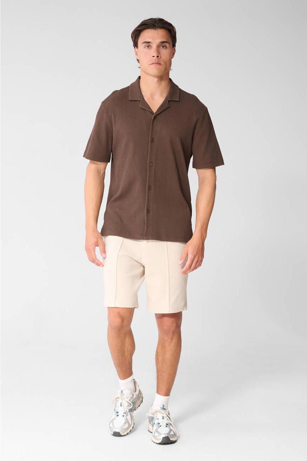 Donkerblauwe heren Shoeby regular casual overhemd van viscose met korte mouwen, reverskraag, knoopsluiting en textuur