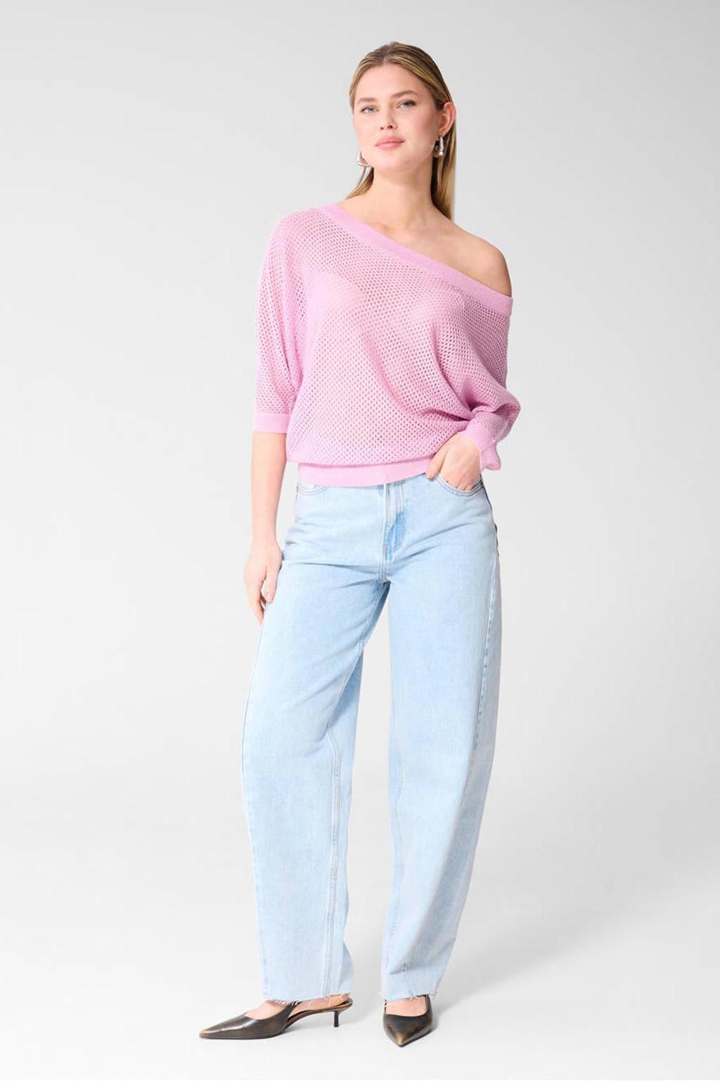 Roze dames Shoeby top met effen, half lange mouwen, one shoulder en volant