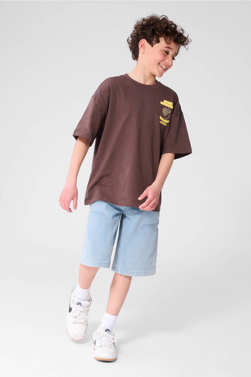 Bruine jongens Shoeby T-shirt van katoen met printopdruk, korte mouwen en ronde hals