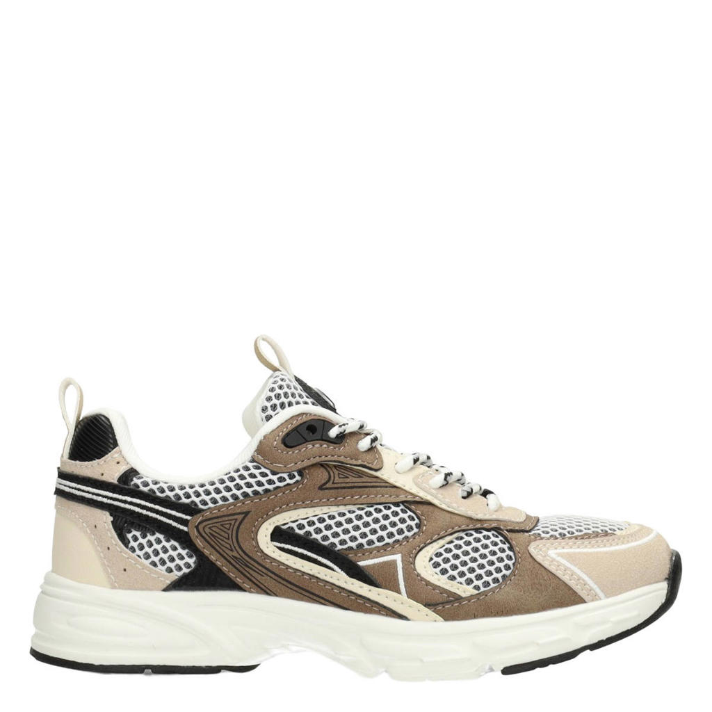 Bruin en beige jongens Poelman leren sneakers van imitatieleer/imitatiesude met veters