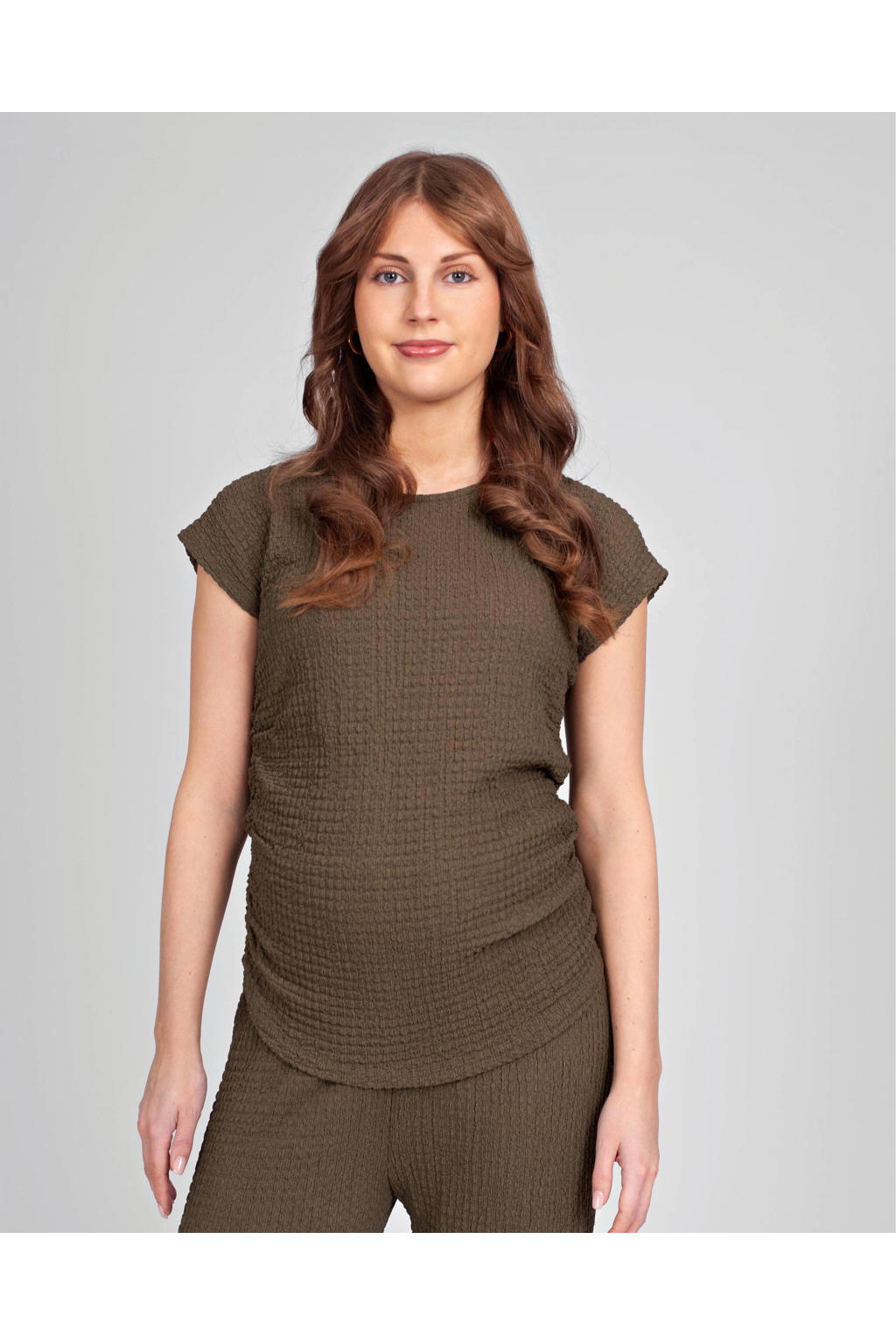 Olijfgroene dames LOVE2WAIT zwangerschaps blousetop van polyester met effen, korte mouwen, ronde hals en textuur