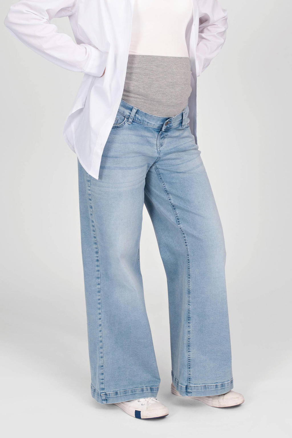 Light blue denim dames LOVE2WAIT zwangerschaps wide leg jeans van stretchdenim met rits- en knoopsluiting en effen