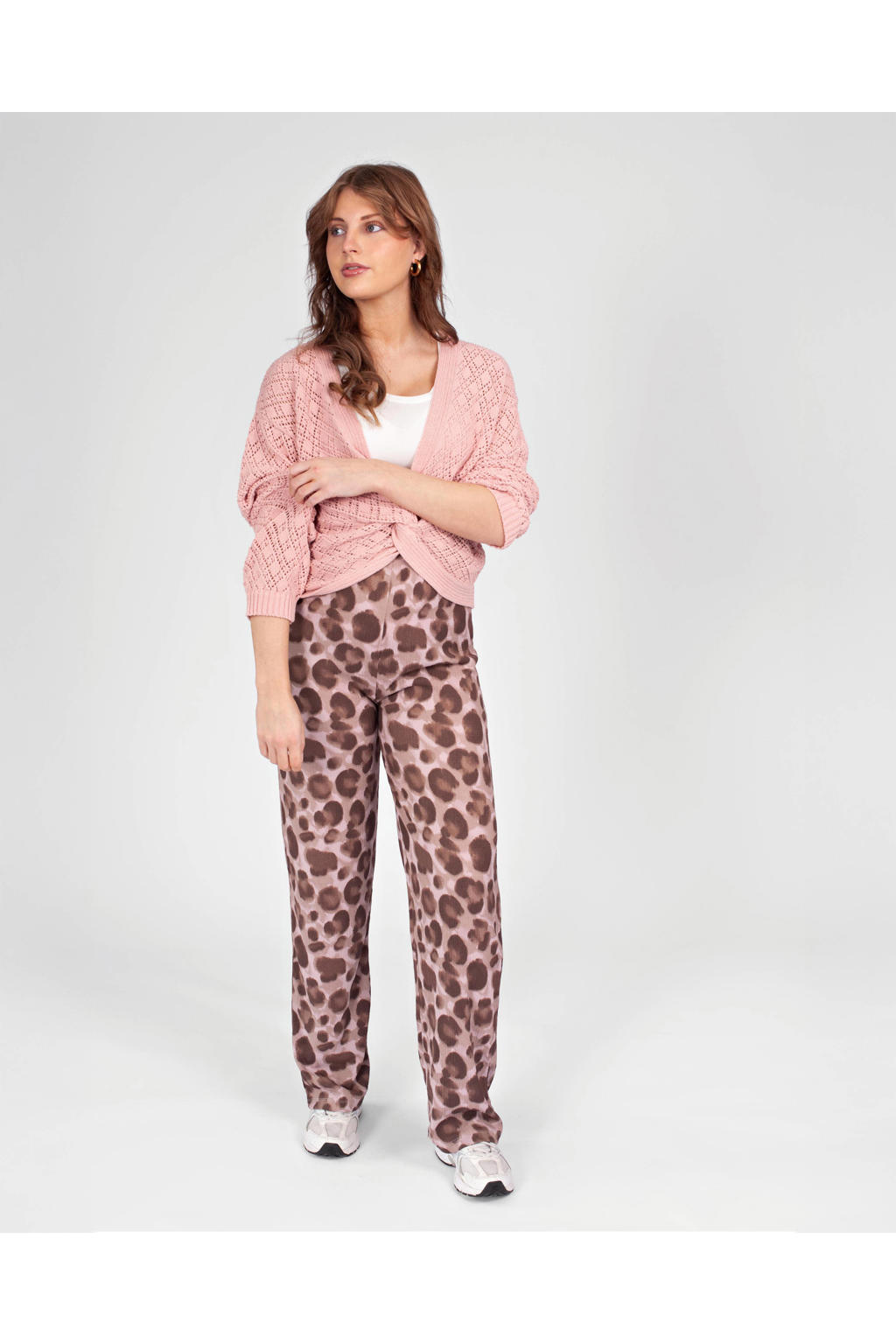 Bruin en beige dames LOVE2WAIT straight high waist zwangerschaps casual broek van polyester met elastische tailleband en panterprint