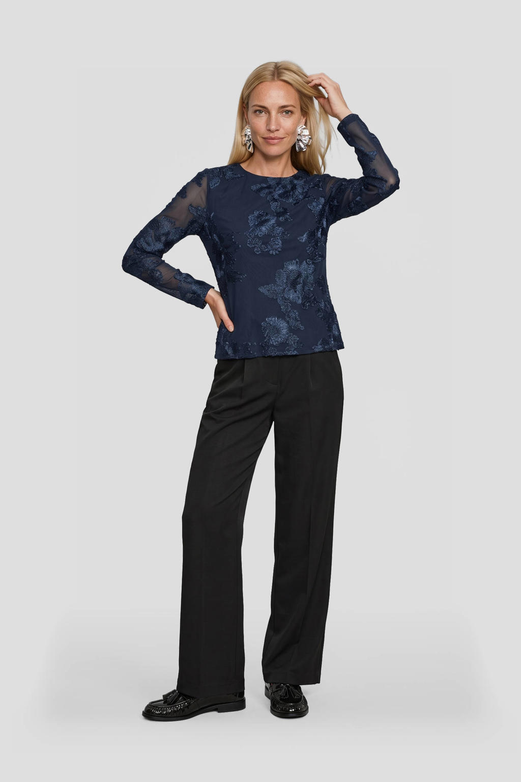 Ruby mesh jacquard top donkerblauw