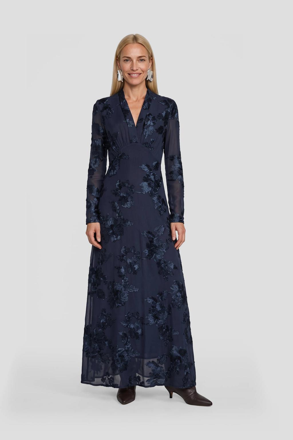 Ruby maxi mesh jacquard jurk donkerblauw