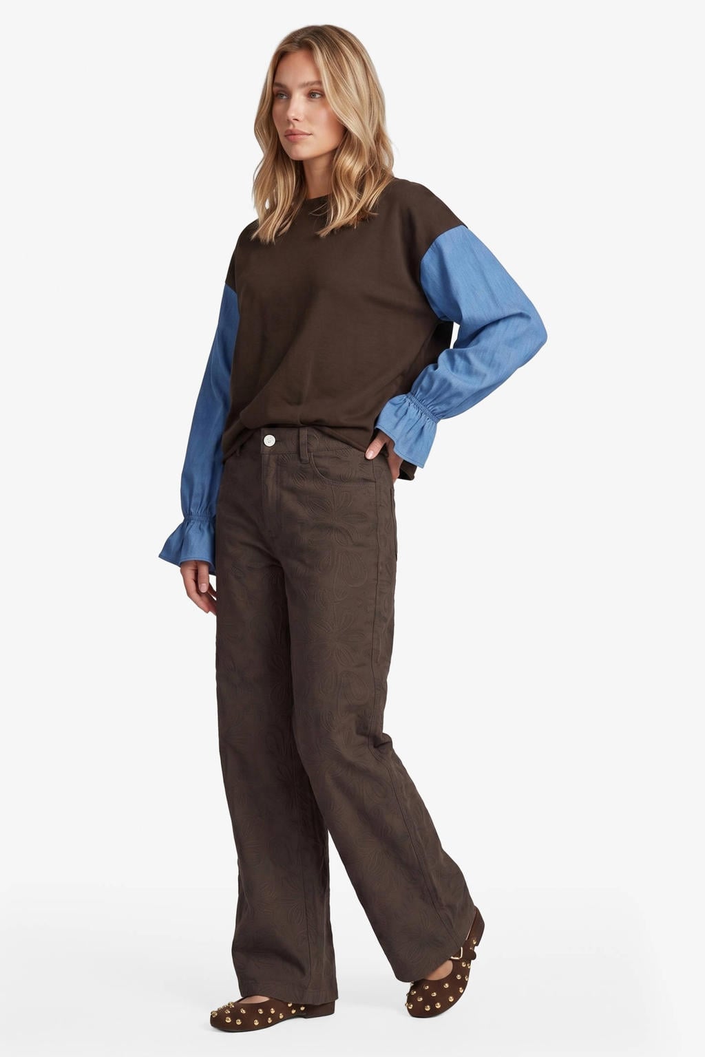 FLURESK wide leg broek met borduursels - bruin