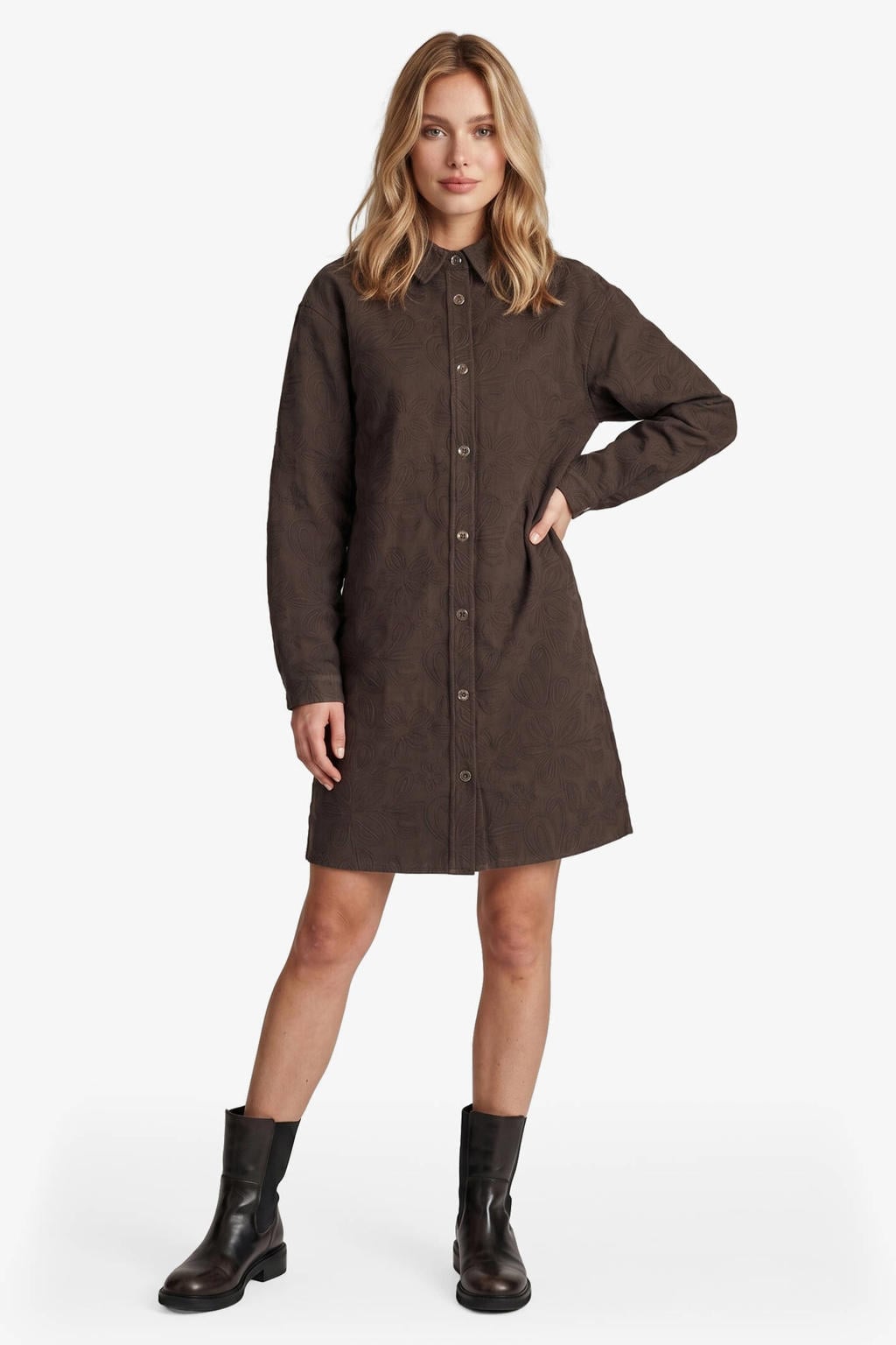 FLURESK gebloemde blousejurk met borduursels - bruin