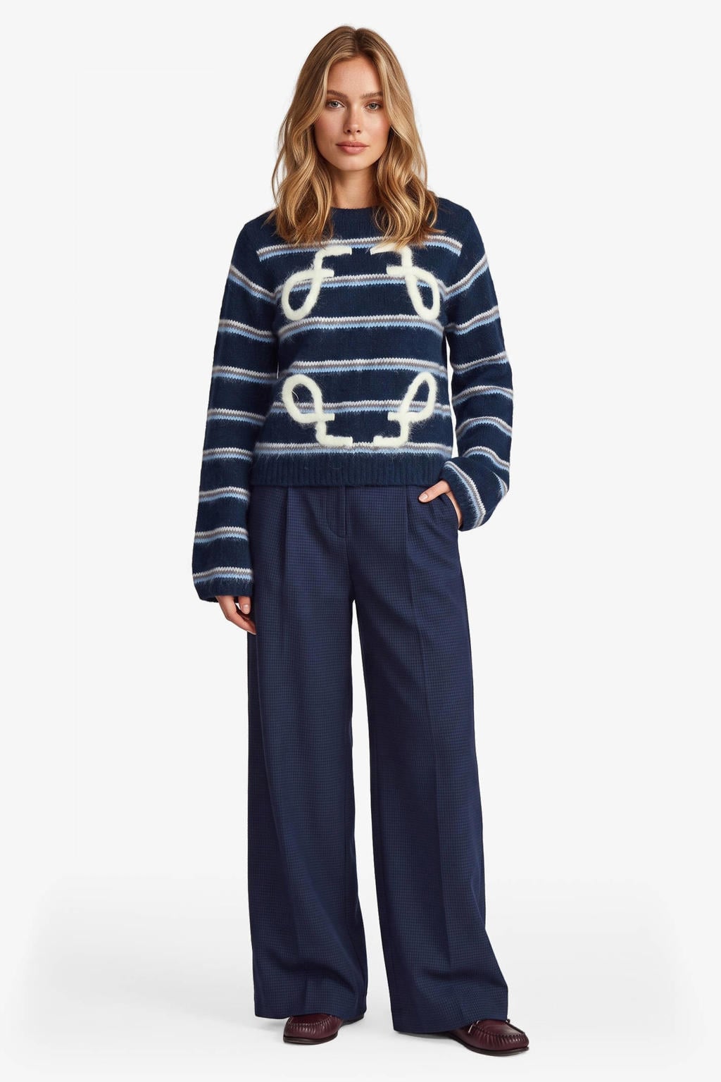 Blauwe dames FLURESK wide leg broek met rits, haak- en knoopsluiting en effen