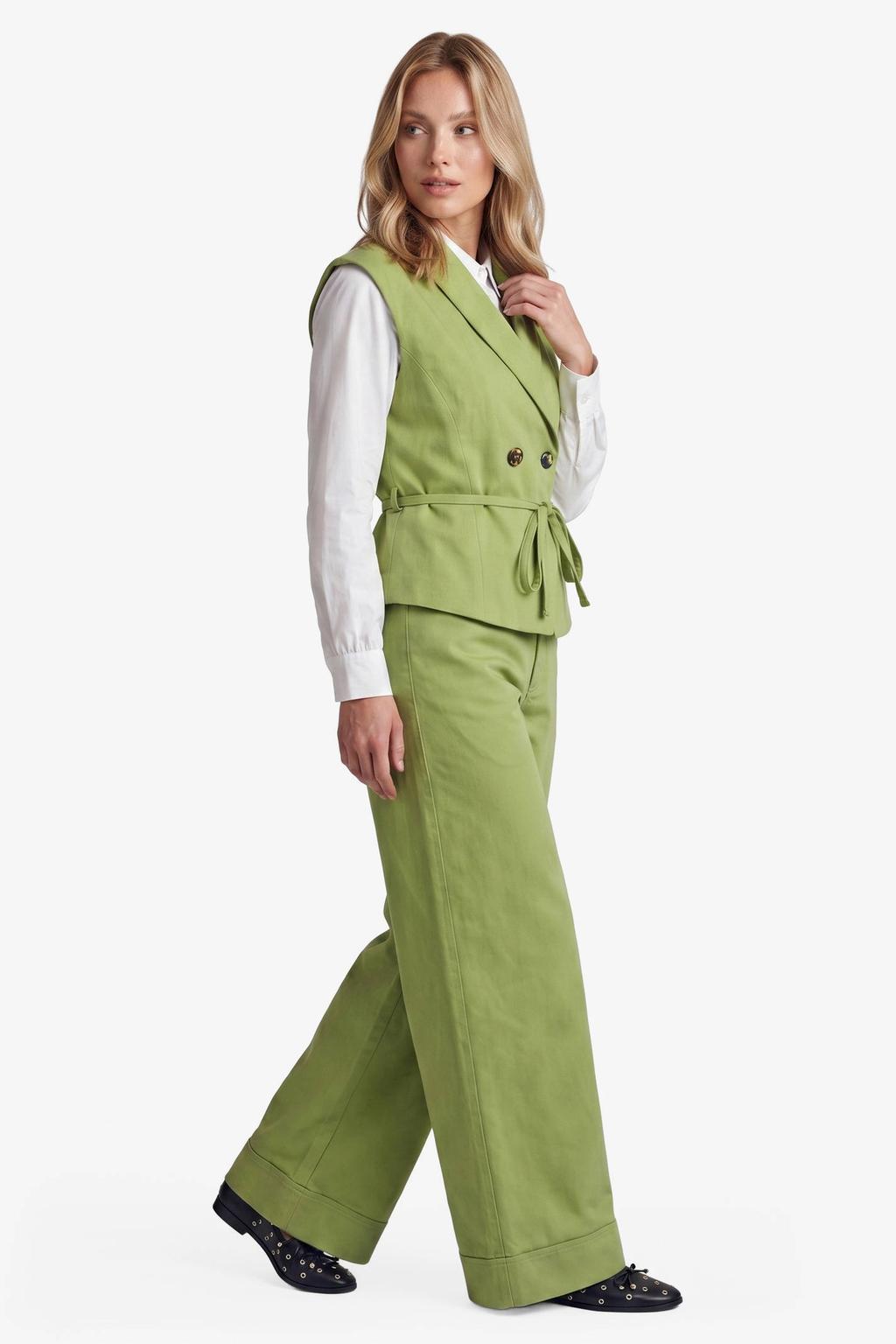 Groene dames FLURESK wide leg broek van katoen met rits- en knoopsluiting en effen