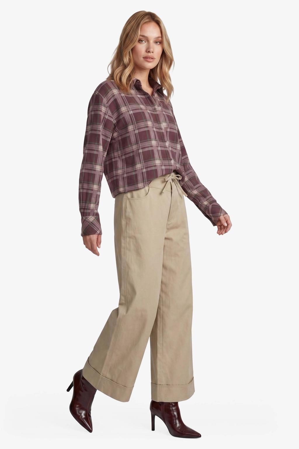 Donkerrode dames FLURESK geruite blouse van katoen met lange mouwen, klassieke kraag en knoopsluiting