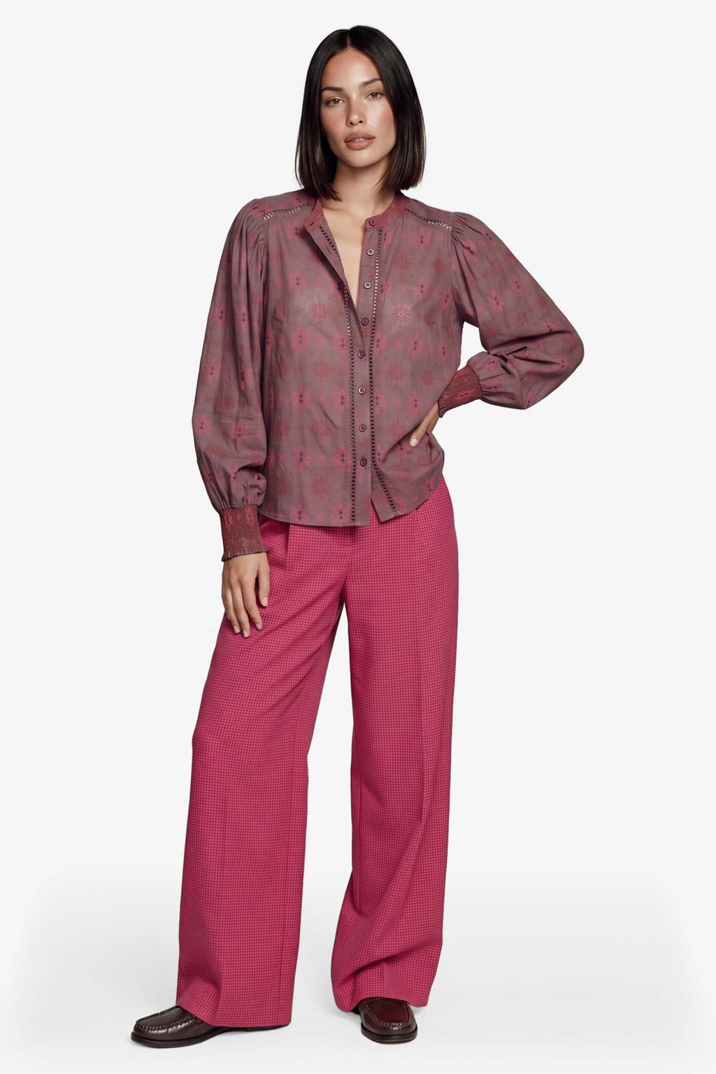 Rode dames FLURESK blouse van katoen met lange mouwen, klassieke kraag en knoopsluiting