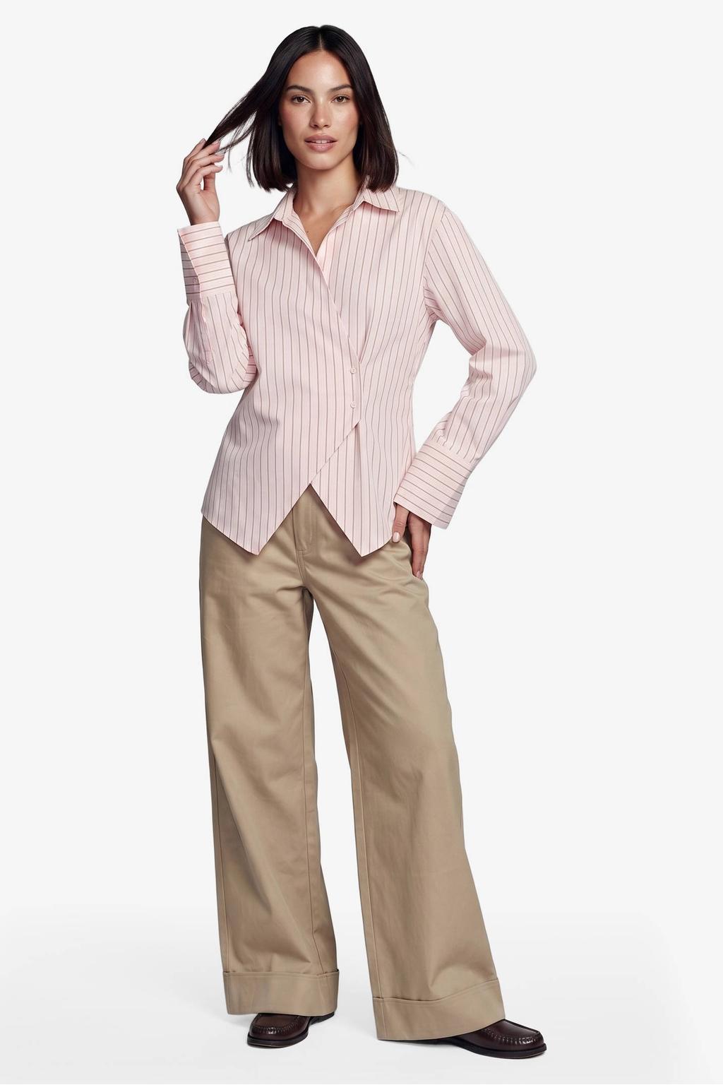 Roze dames FLURESK blouse van polyester met krijtstreepprint, lange mouwen, klassieke kraag en knoopsluiting