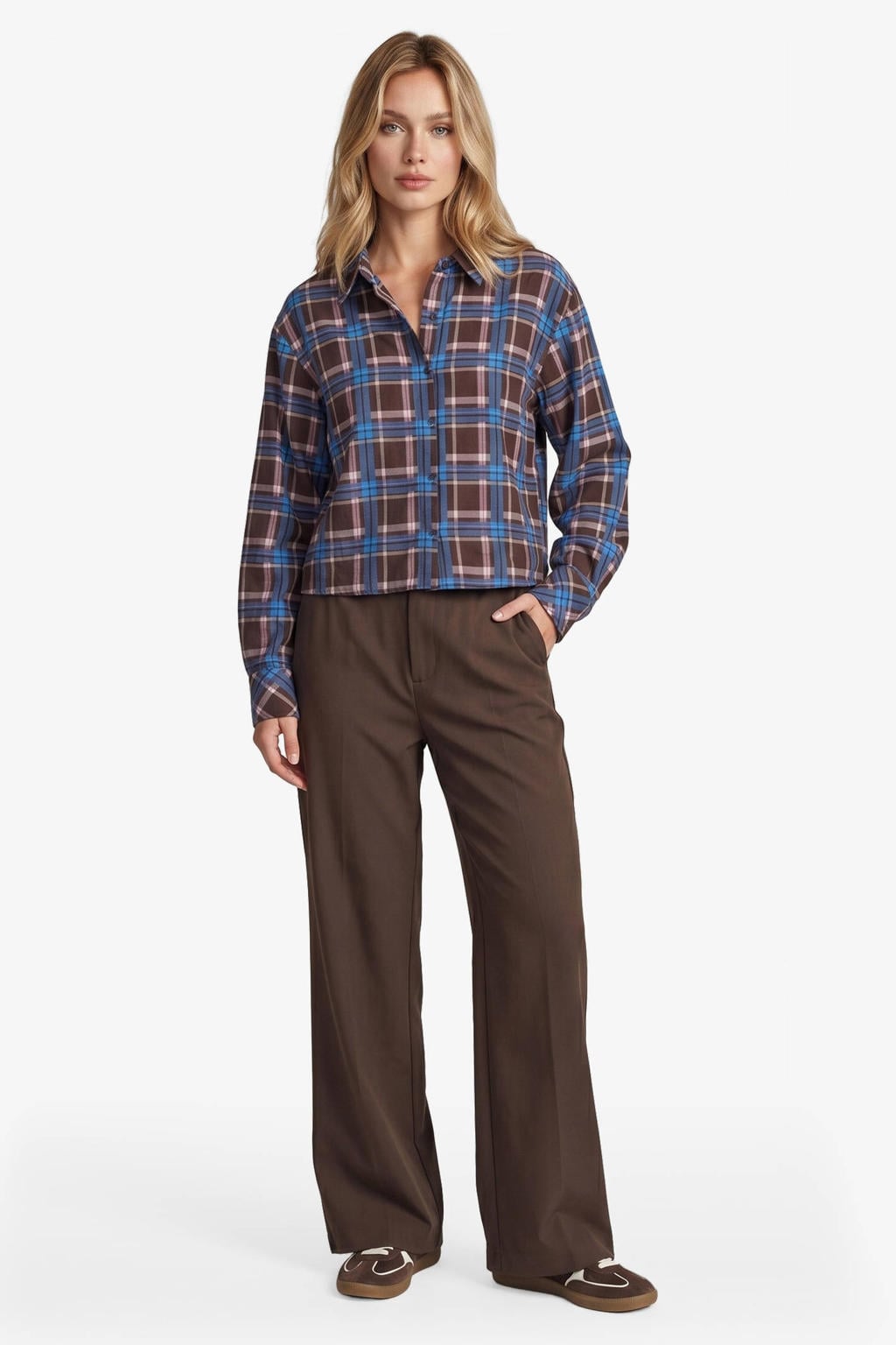 Bruin en blauwe dames FLURESK geruite blouse van katoen met lange mouwen, klassieke kraag en knoopsluiting