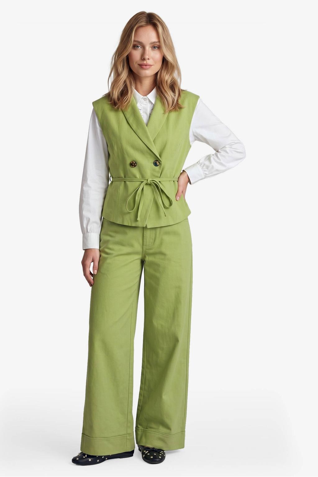 Groene dames FLURESK gilet van katoen met effen, reverskraag, knoopsluiting en ceintuur