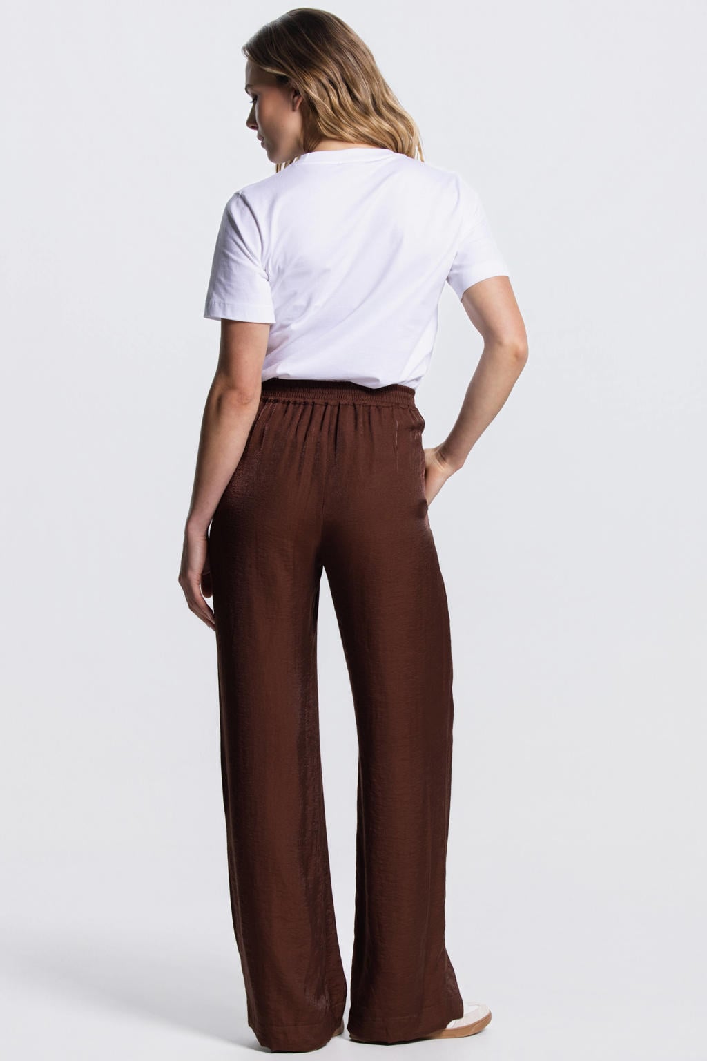 Bruine dames JANSEN Amsterdam wide leg regular waist broek van viscose met effen