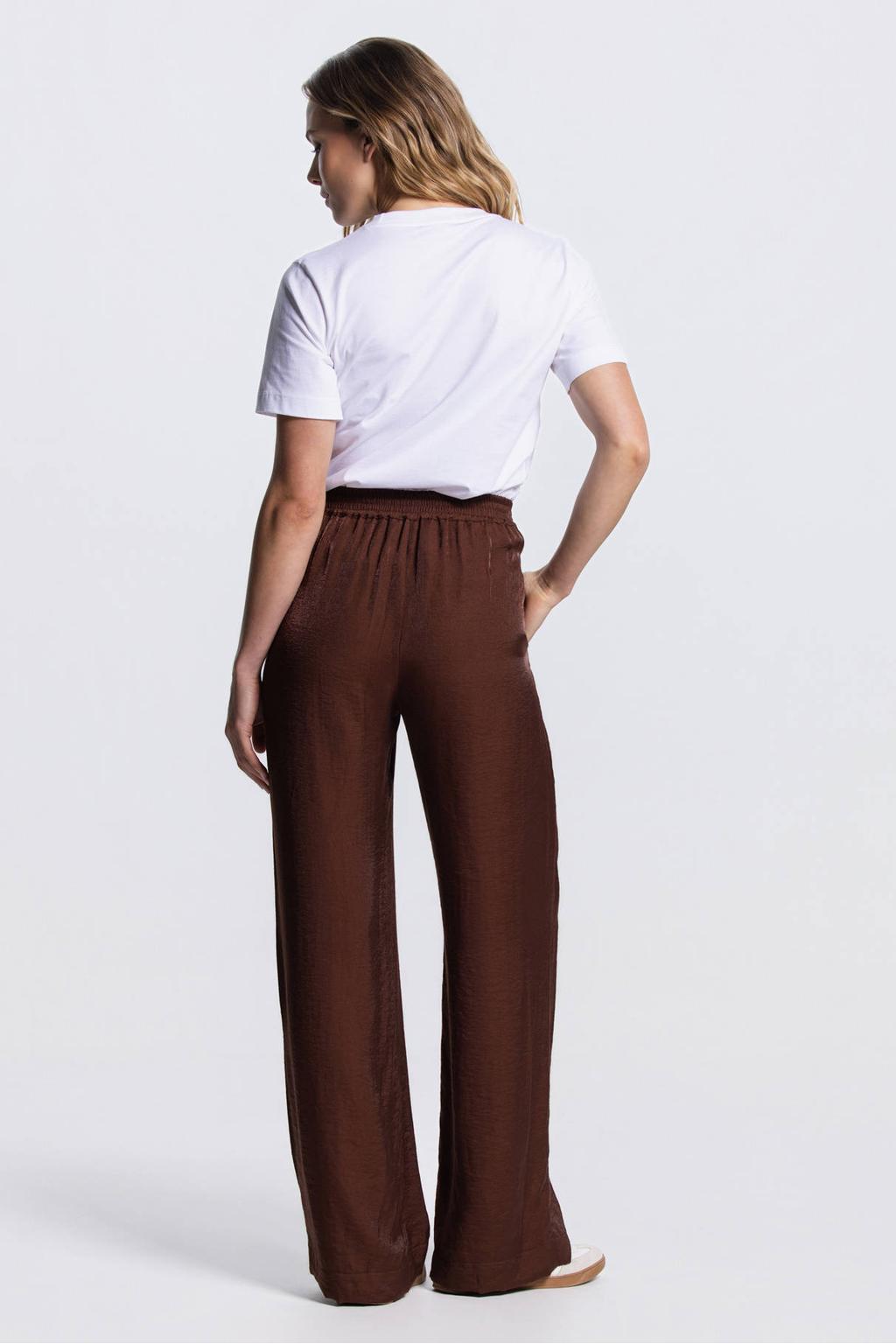 Bruine dames JANSEN Amsterdam wide leg regular waist broek van viscose met effen