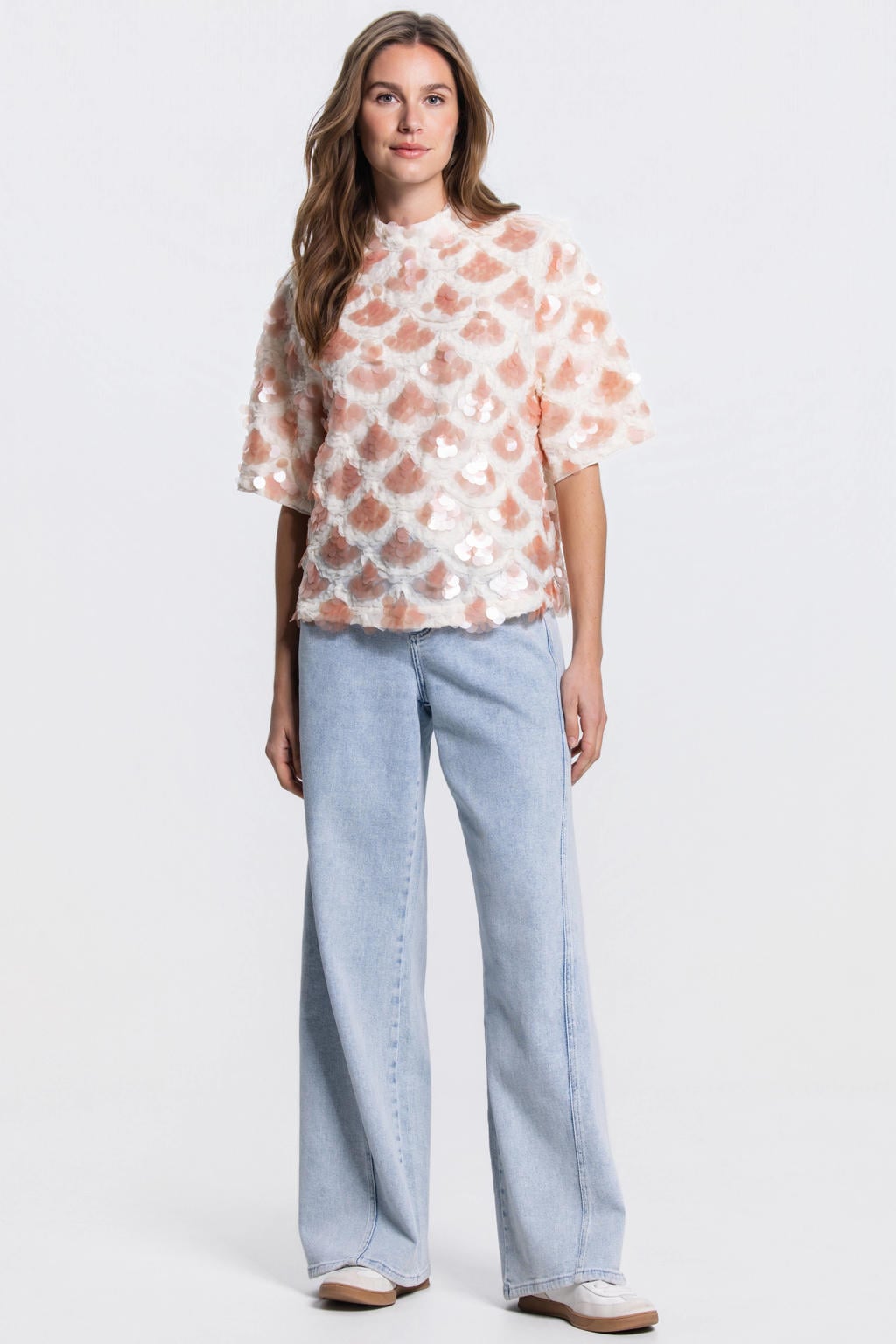 Roze en ecru dames JANSEN Amsterdam top van polyester met effen, korte mouwen, ronde hals en pailletten