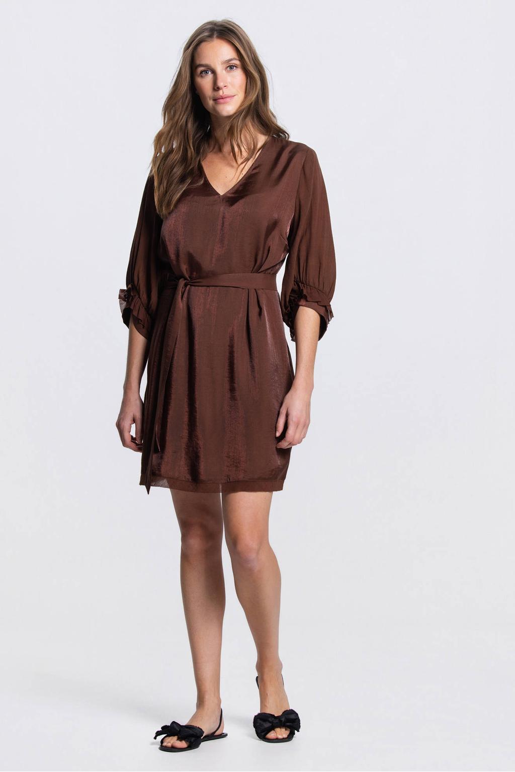 Bruine dames JANSEN Amsterdam mini jurk van viscose met effen, half lange mouwen en V-hals