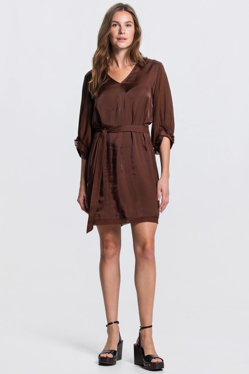 Bruine dames JANSEN Amsterdam mini jurk van viscose met effen, half lange mouwen en V-hals