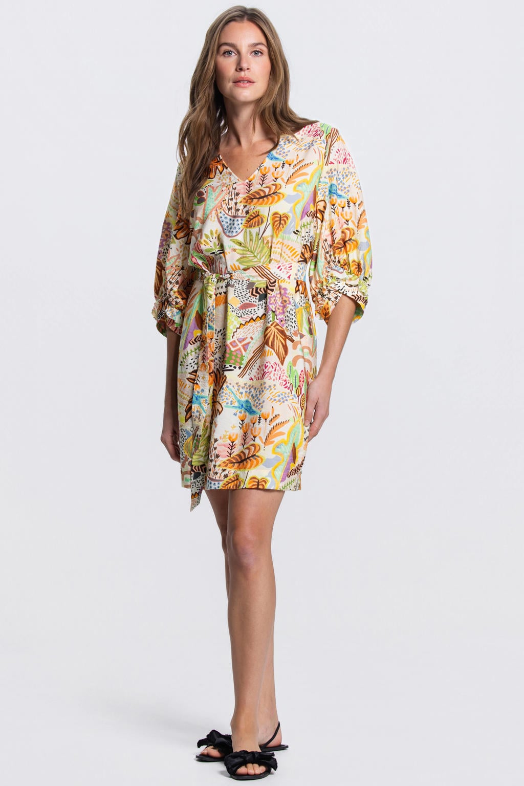Multikleurige dames JANSEN Amsterdam mini jurk van viscose met half lange mouwen en V-hals